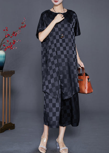 Black Plaid Silk Two-Piece Set O-Neck Side Open Summer LY7683