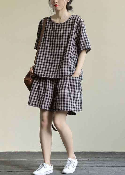 Black Plaid Tops And Shorts Patchwork Cotton Two Piece Set O Neck Summer LY5276 - fabuloryshop