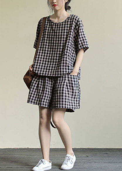 Black Plaid Tops And Shorts Patchwork Cotton Two Piece Set O Neck Summer LY5276 - fabuloryshop