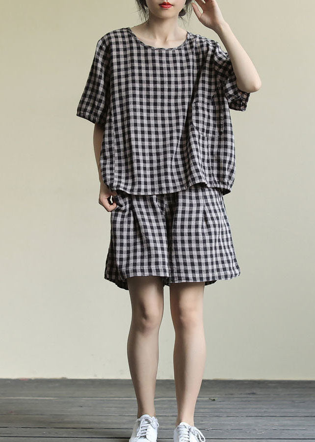 Black Plaid Tops And Shorts Patchwork Cotton Two Piece Set O Neck Summer LY5276 - fabuloryshop