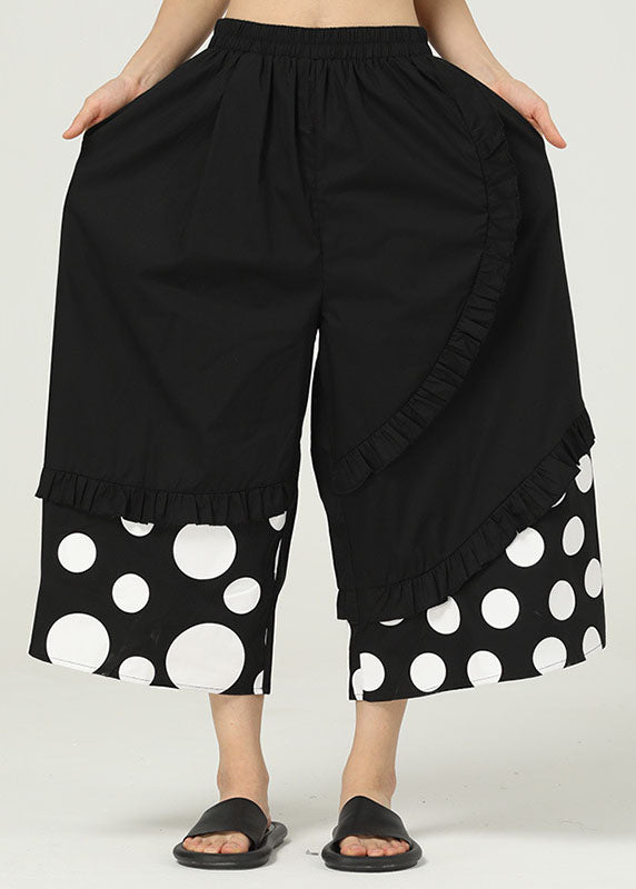 Black Pockets Dot Cotton Wide Leg Trousers Ruffled Summer LY1224 - fabuloryshop