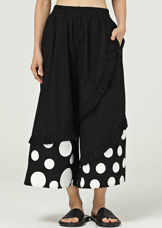 Black Pockets Dot Cotton Wide Leg Trousers Ruffled Summer LY1224 - fabuloryshop