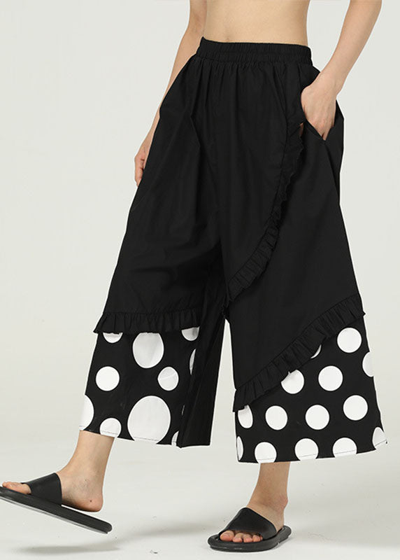 Black Pockets Dot Cotton Wide Leg Trousers Ruffled Summer LY1224 - fabuloryshop