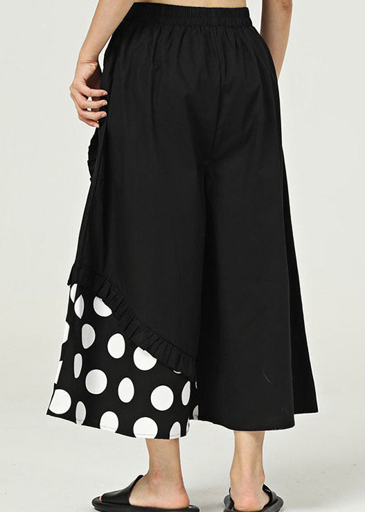 Black Pockets Dot Cotton Wide Leg Trousers Ruffled Summer LY1224 - fabuloryshop