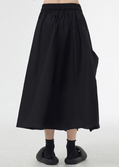 Black Pockets Elastic Waist Patchwork Cotton Skirt Asymmetrical Ada Fashion