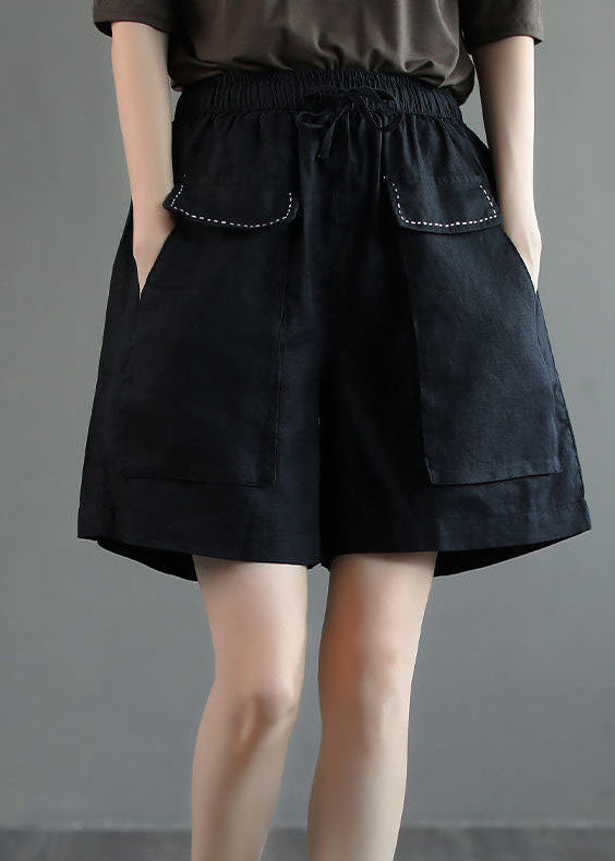 Black Pockets Patchwork Casual Linen Shorts Summer LY0206