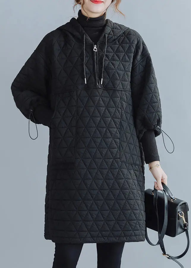 Black Pockets Patchwork Cotton Filled Mid Dress Zip Up Winter Ada Fashion