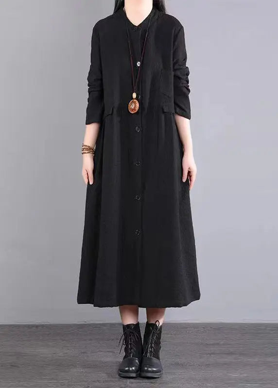 Black Pockets Patchwork Cotton Long Dress Button Wrinkled Fall Ada Fashion