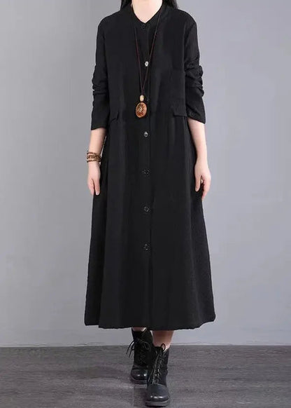 Black Pockets Patchwork Cotton Long Dress Button Wrinkled Fall Ada Fashion