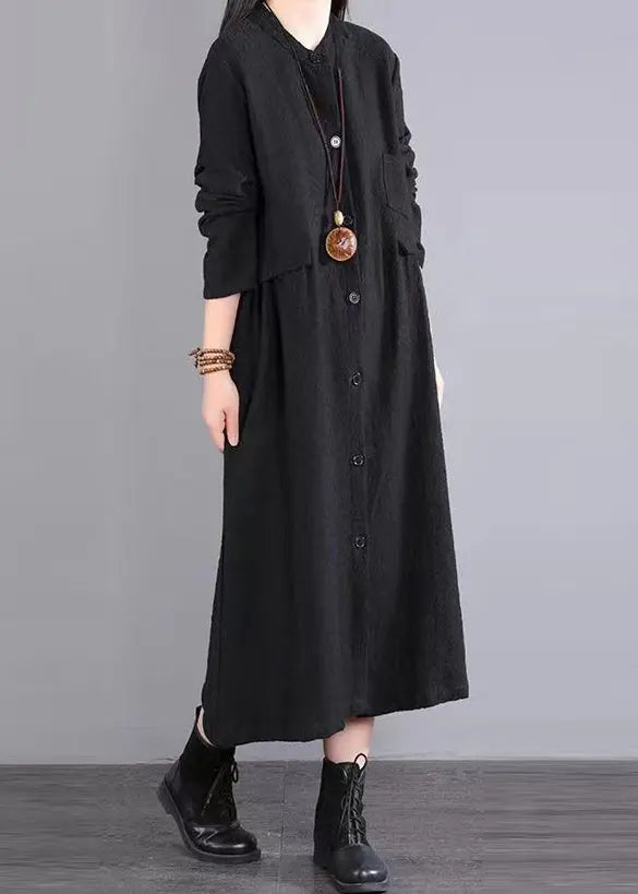 Black Pockets Patchwork Cotton Long Dress Button Wrinkled Fall Ada Fashion