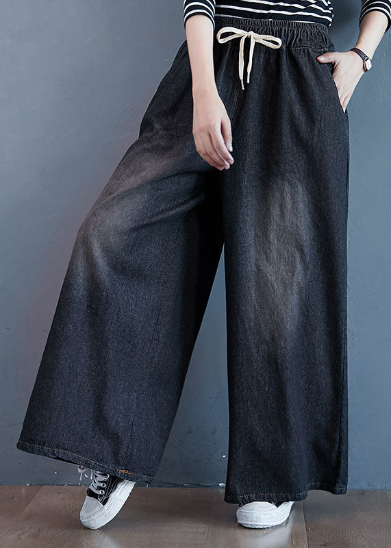 Black Pockets Patchwork Denim Wide Leg Pants Elastic Waist Spring LY5639 - fabuloryshop