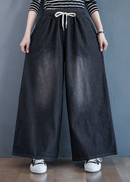 Black Pockets Patchwork Denim Wide Leg Pants Elastic Waist Spring LY5639 - fabuloryshop