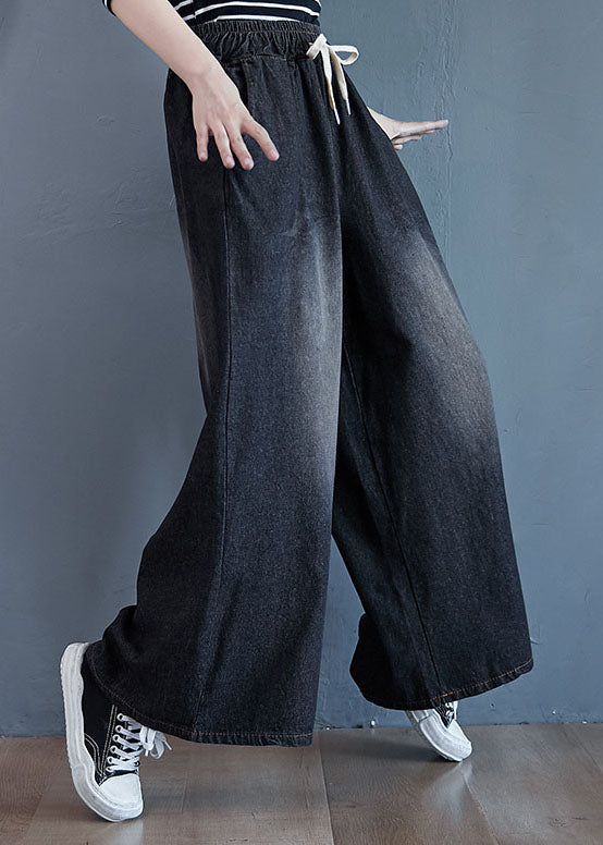 Black Pockets Patchwork Denim Wide Leg Pants Elastic Waist Spring LY5639 - fabuloryshop