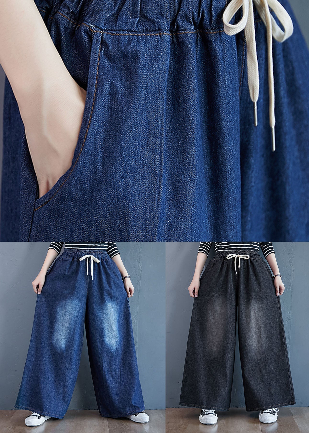 Black Pockets Patchwork Denim Wide Leg Pants Elastic Waist Spring LY5639 - fabuloryshop