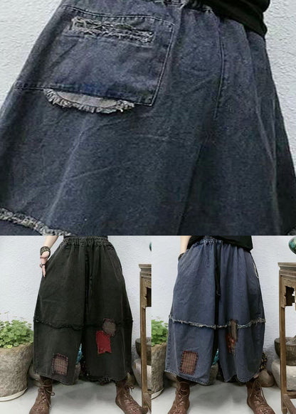 Black Pockets Patchwork Linen Crop Pants Elastic Waist Spring LY4636 - fabuloryshop