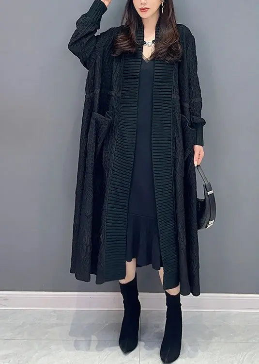 Black Pockets Patchwork Long Knit Cardigans V Neck Fall Ada Fashion