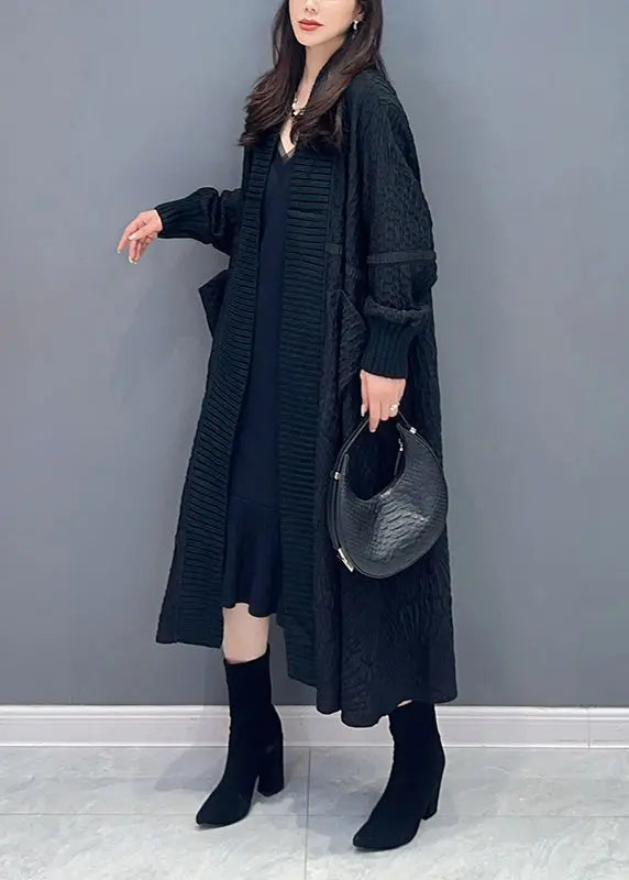 Black Pockets Patchwork Long Knit Cardigans V Neck Fall Ada Fashion