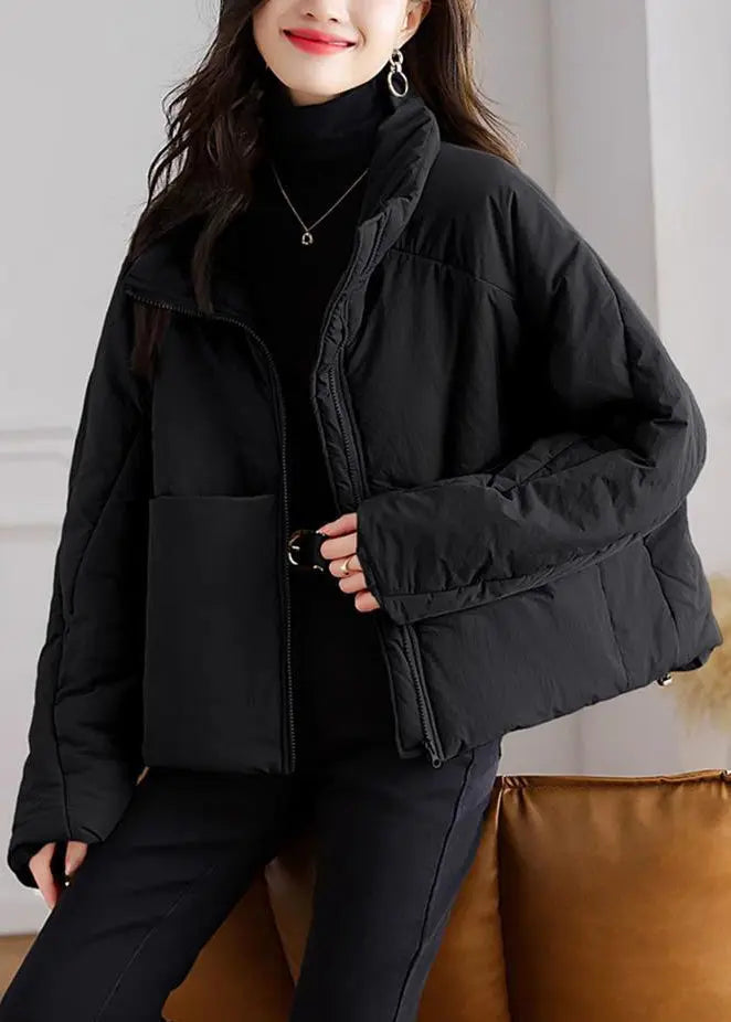 Black Pockets Patchwork Parka Stand Collar Long Sleeve Ada Fashion