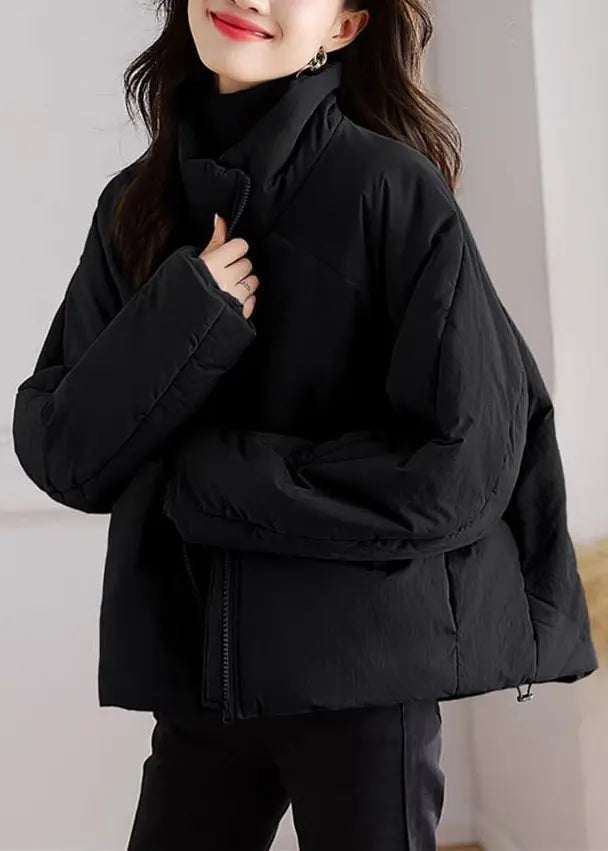 Black Pockets Patchwork Parka Stand Collar Long Sleeve Ada Fashion