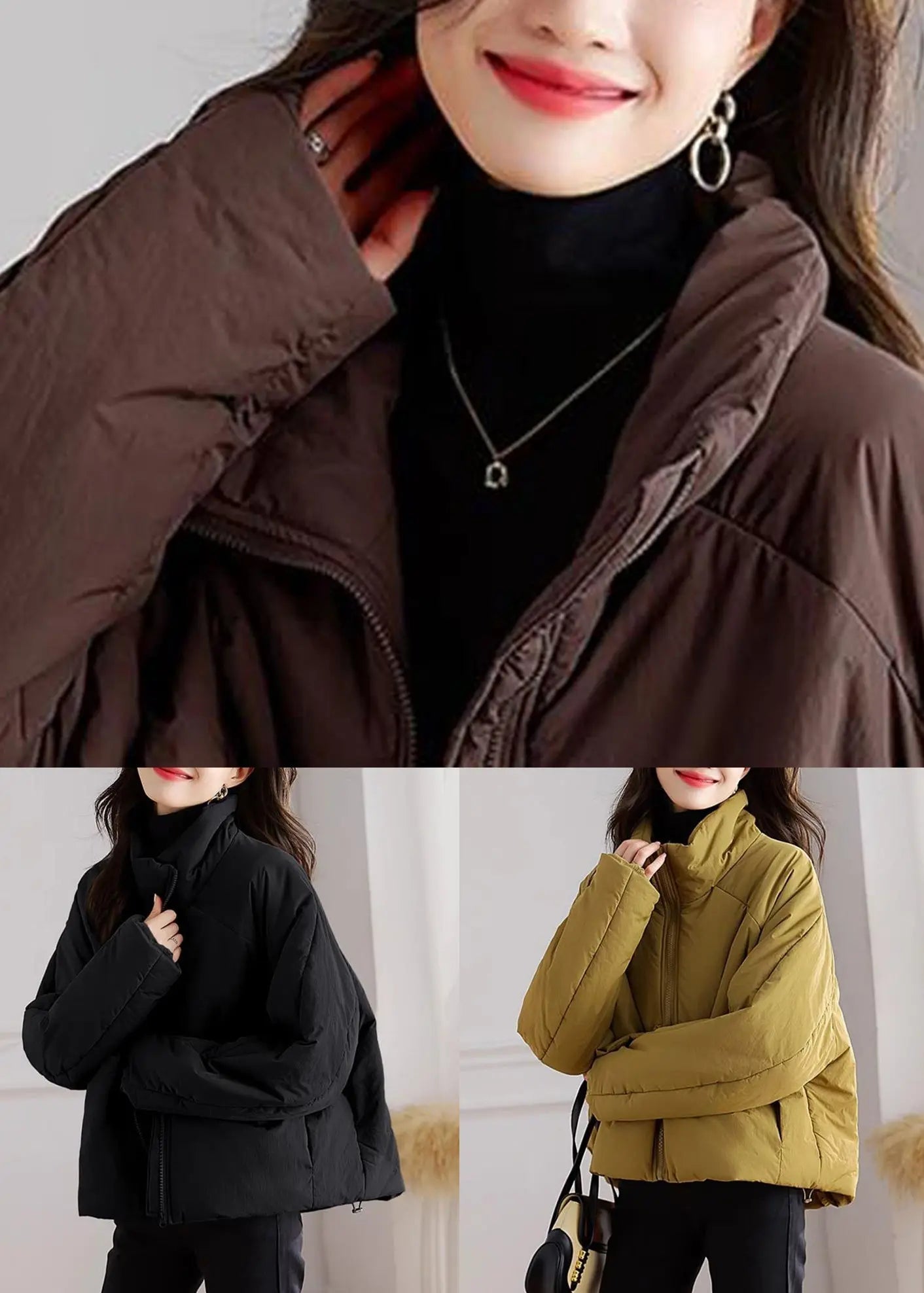 Black Pockets Patchwork Parka Stand Collar Long Sleeve Ada Fashion