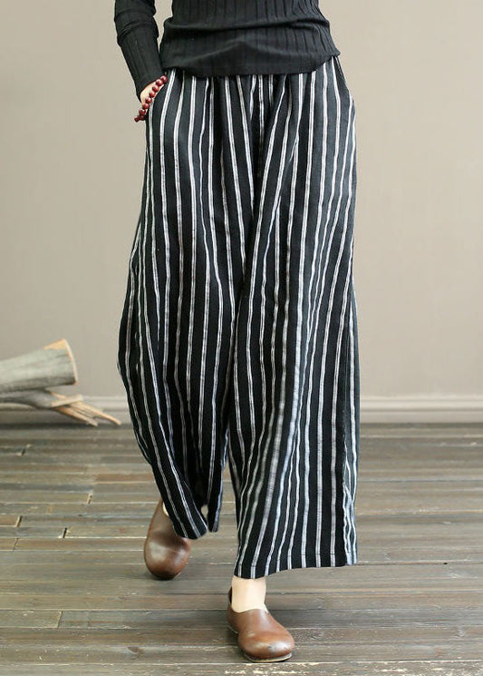 Black Pockets Patchwork Striped Linen Straight Pants Summer LY0594 - fabuloryshop