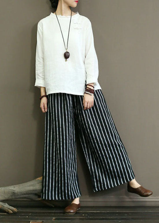 Black Pockets Patchwork Striped Linen Straight Pants Summer LY0594