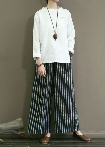 Black Pockets Patchwork Striped Linen Straight Pants Summer LY0594 - fabuloryshop