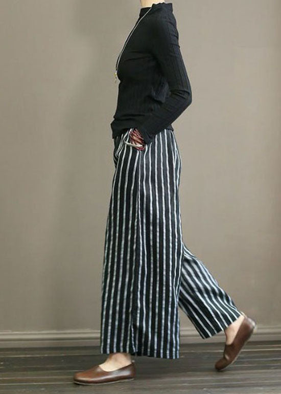 Black Pockets Patchwork Striped Linen Straight Pants Summer LY0594 - fabuloryshop