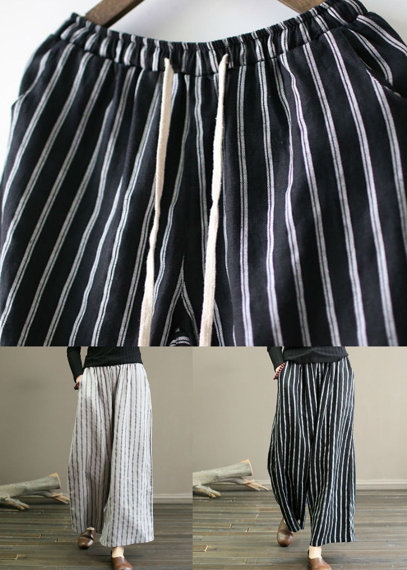 Black Pockets Patchwork Striped Linen Straight Pants Summer LY0594