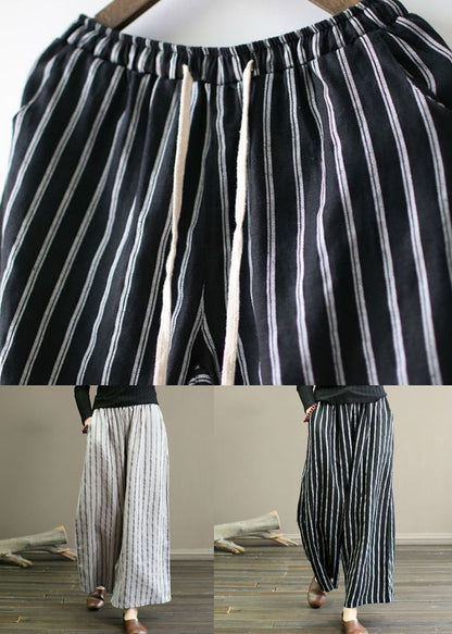 Black Pockets Patchwork Striped Linen Straight Pants Summer LY0594 - fabuloryshop