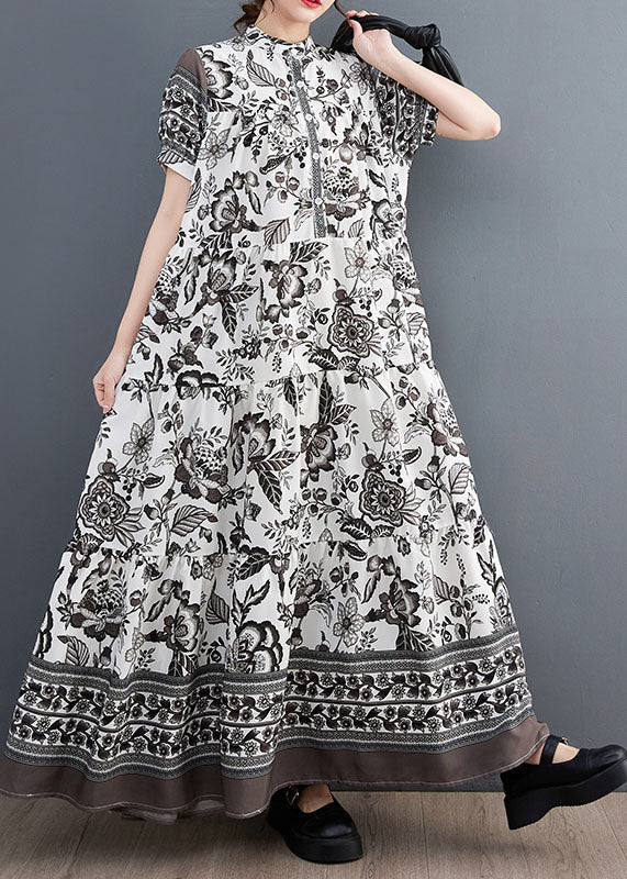 Black Print Chiffon Vacation Dresses Oversized Exra Large Hem Summer LY1547 - fabuloryshop