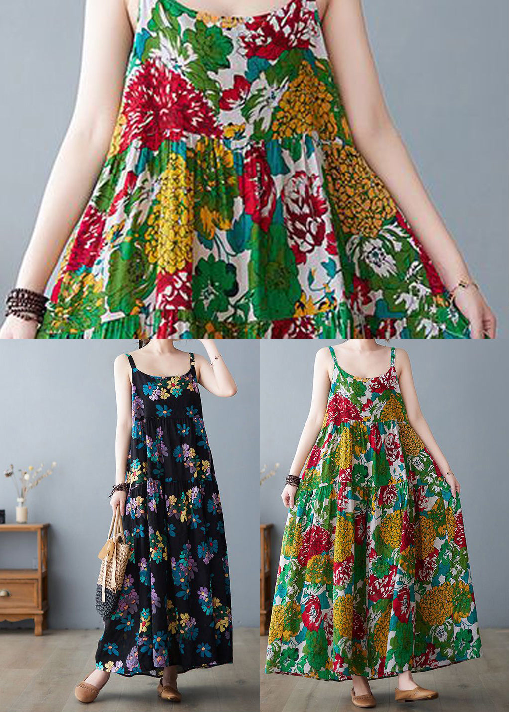 Black Print Cotton Spaghetti Strap Dress Exra Large Hem Summer LY0909 - fabuloryshop