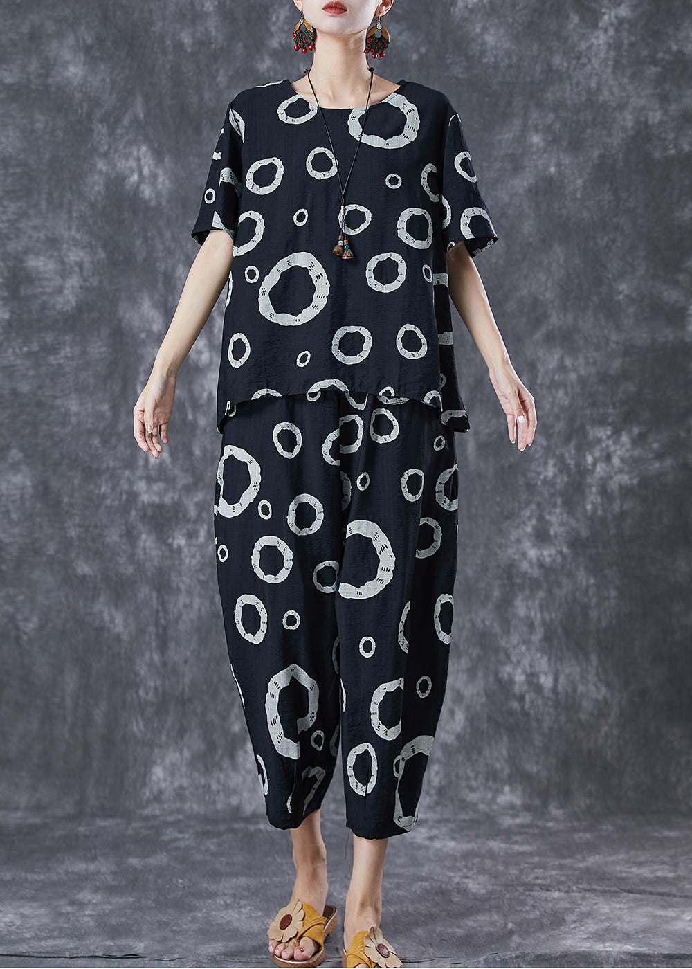 Black Print Cotton Tops And Pants Two Pieces Set Oversized Summer LY6702 - fabuloryshop