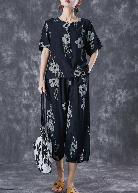 Black Print Cotton Two Pieces Set Oversized Short Sleeve LY6745 - fabuloryshop