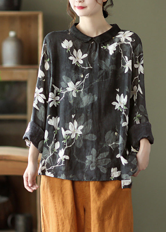 Black Print Cozy Ramie Top Long Sleeve LY5021 - fabuloryshop