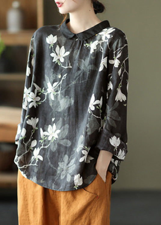 Black Print Cozy Ramie Top Long Sleeve LY5021 - fabuloryshop