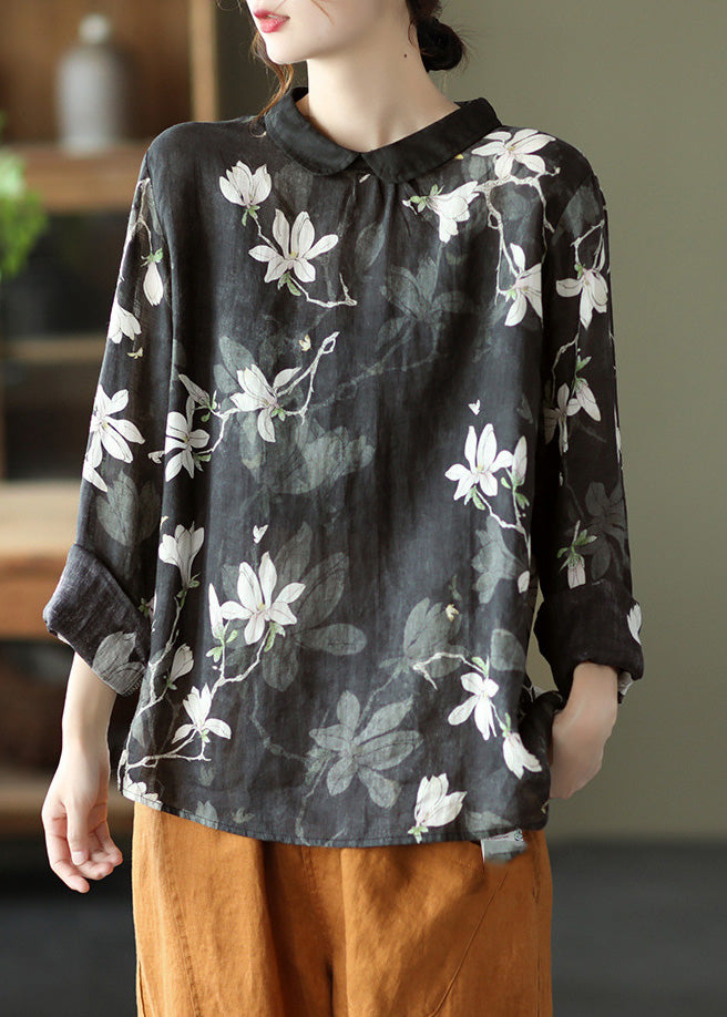 Black Print Cozy Ramie Top Long Sleeve LY5021 - fabuloryshop