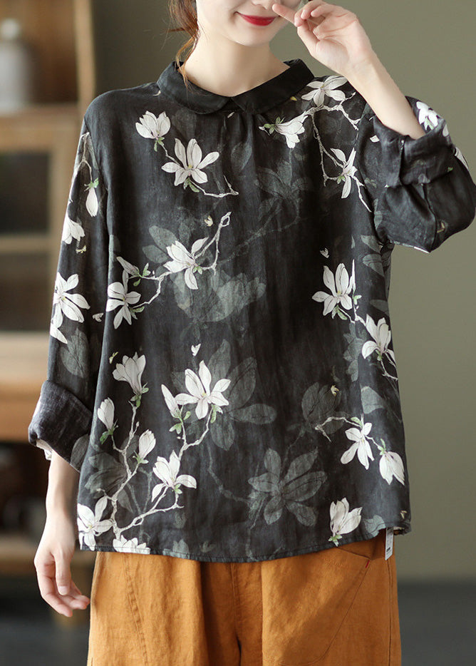 Black Print Cozy Ramie Top Long Sleeve LY5021 - fabuloryshop