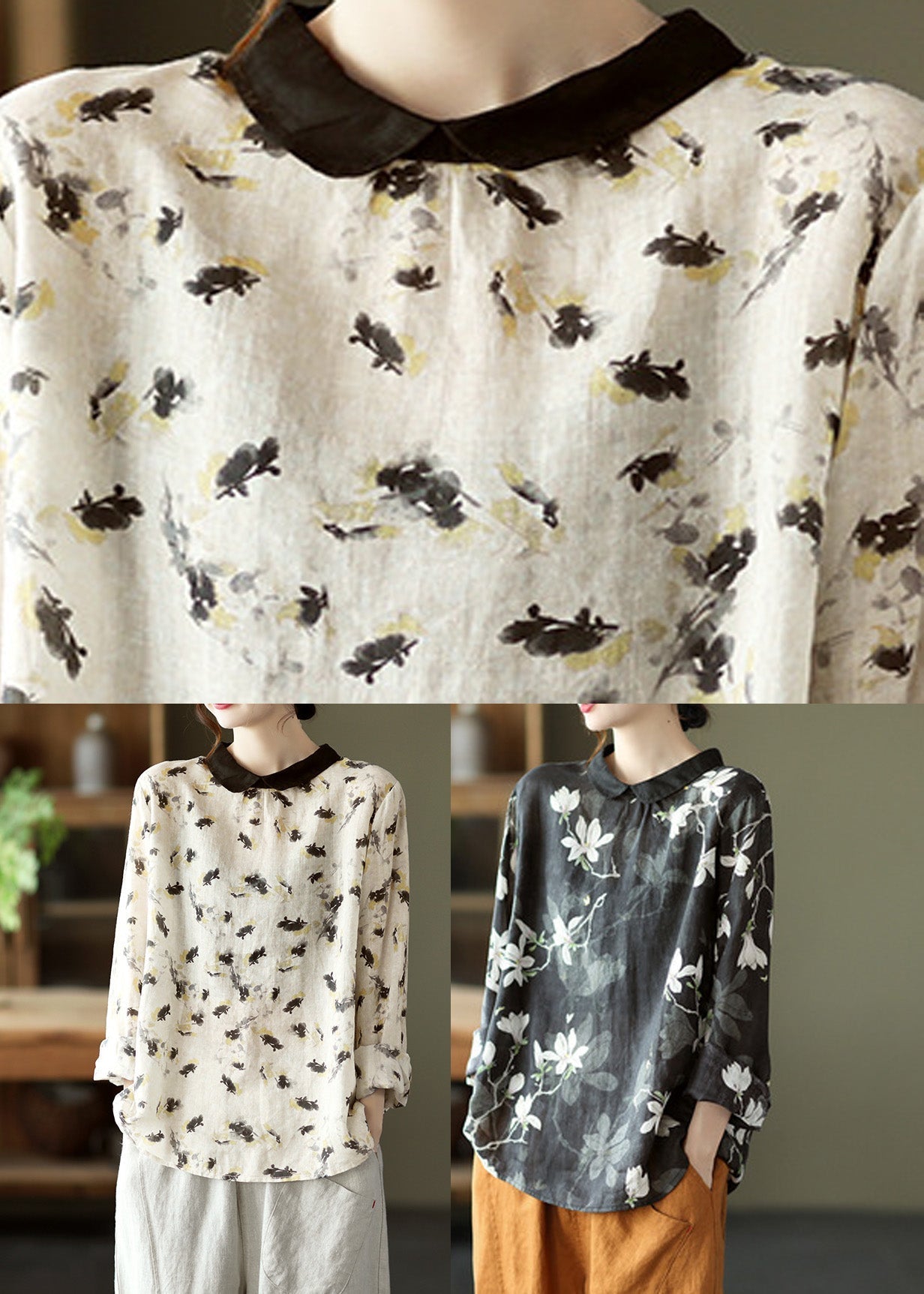 Black Print Cozy Ramie Top Long Sleeve LY5021 - fabuloryshop