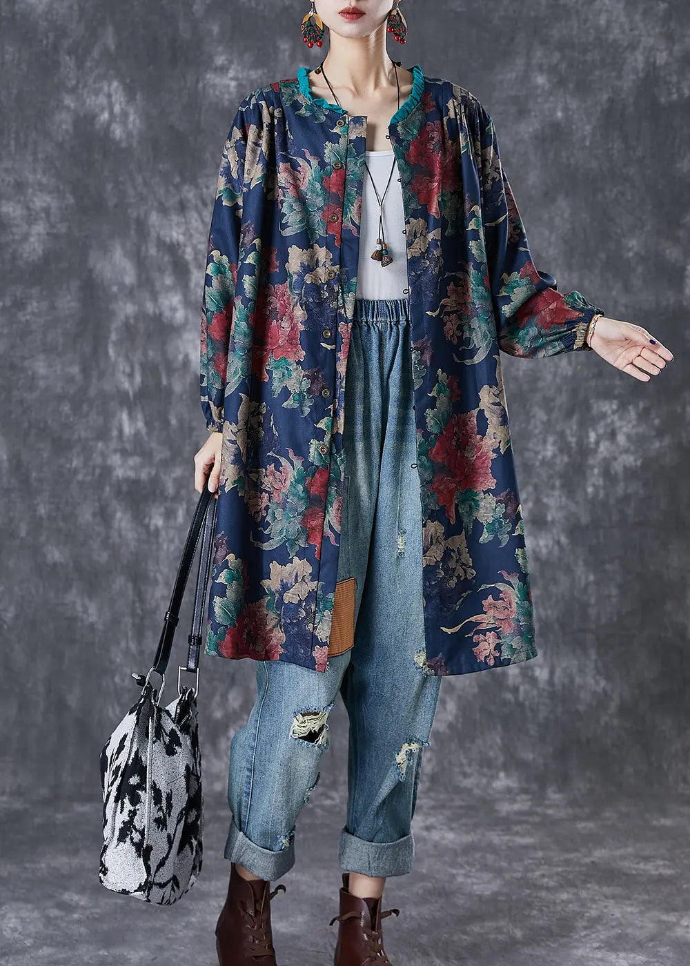 Black Print Linen Shirt Dress Ruffled Fall Ada Fashion