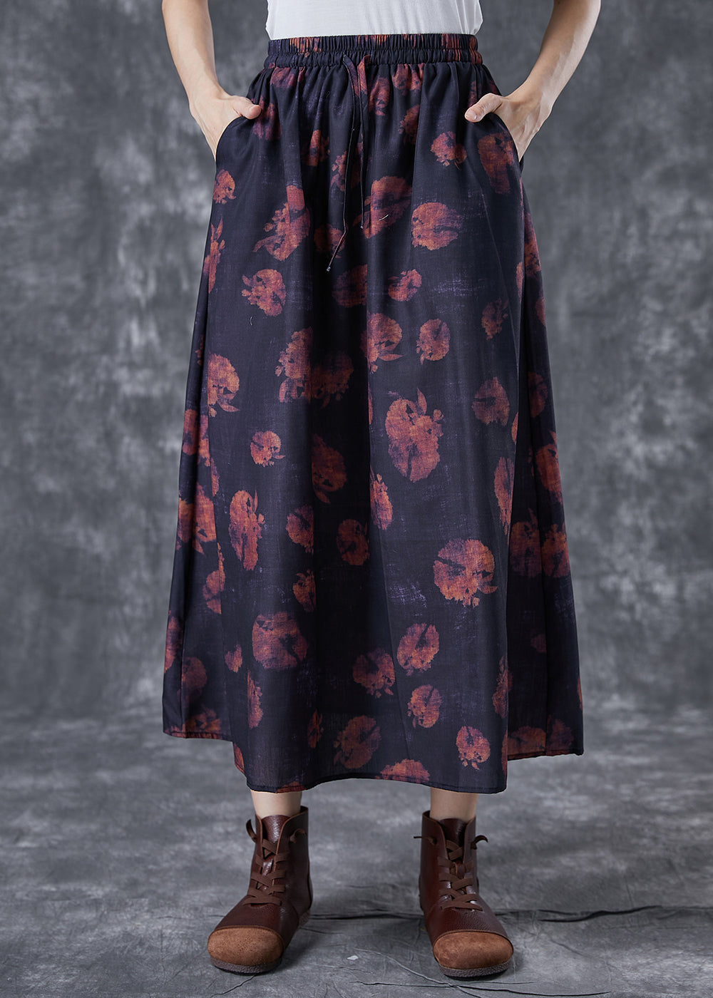 Black Print Linen Skirt Oversized Exra Large Hem Summer LY5090 - fabuloryshop