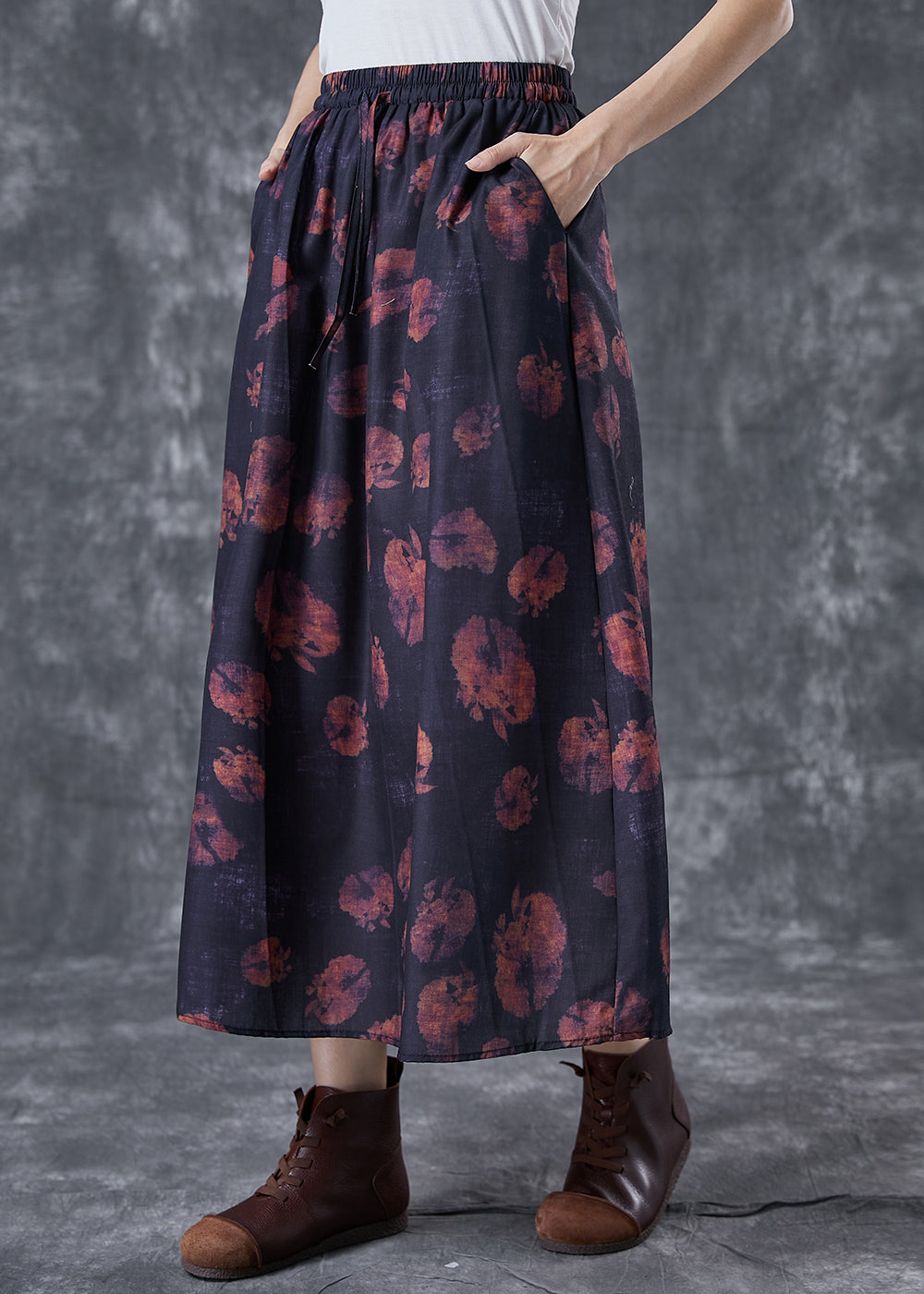 Black Print Linen Skirt Oversized Exra Large Hem Summer LY5090 - fabuloryshop
