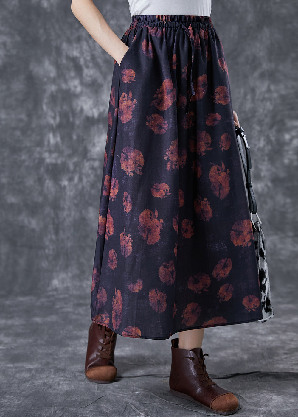 Black Print Linen Skirt Oversized Exra Large Hem Summer LY5090 - fabuloryshop