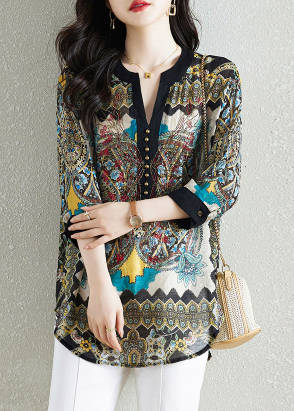 Black Print Patchwork Chiffon Shirt Tops V Neck Nail Bead Summer Ada Fashion