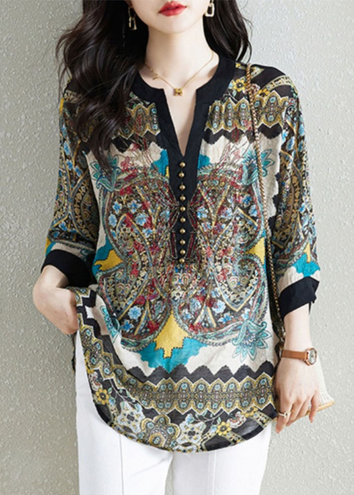 Black Print Patchwork Chiffon Shirt Tops V Neck Nail Bead Summer Ada Fashion