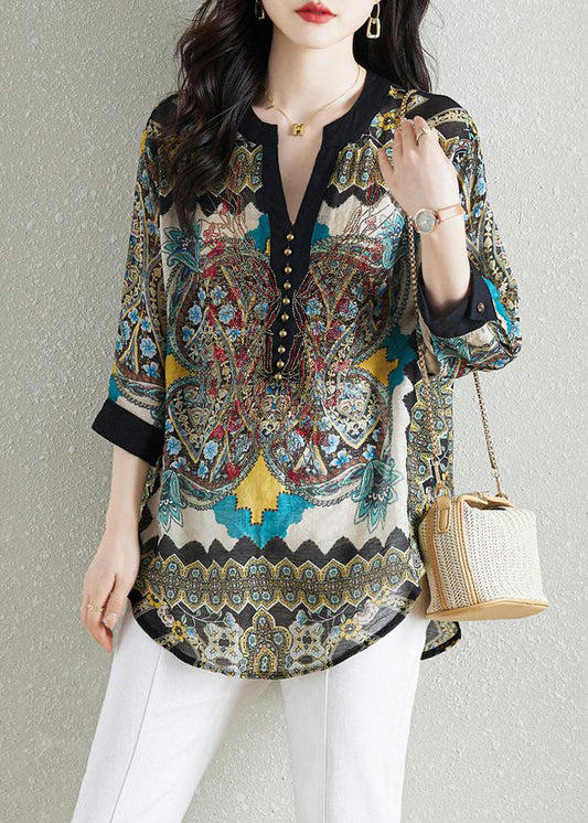 Black Print Patchwork Chiffon Shirt Tops V Neck Nail Bead Summer TQ1016 - fabuloryshop