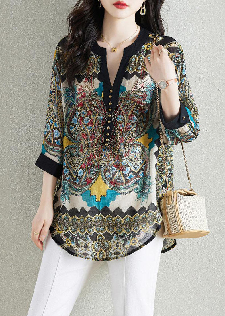 Black Print Patchwork Chiffon Shirt Tops V Neck Nail Bead Summer Ada Fashion