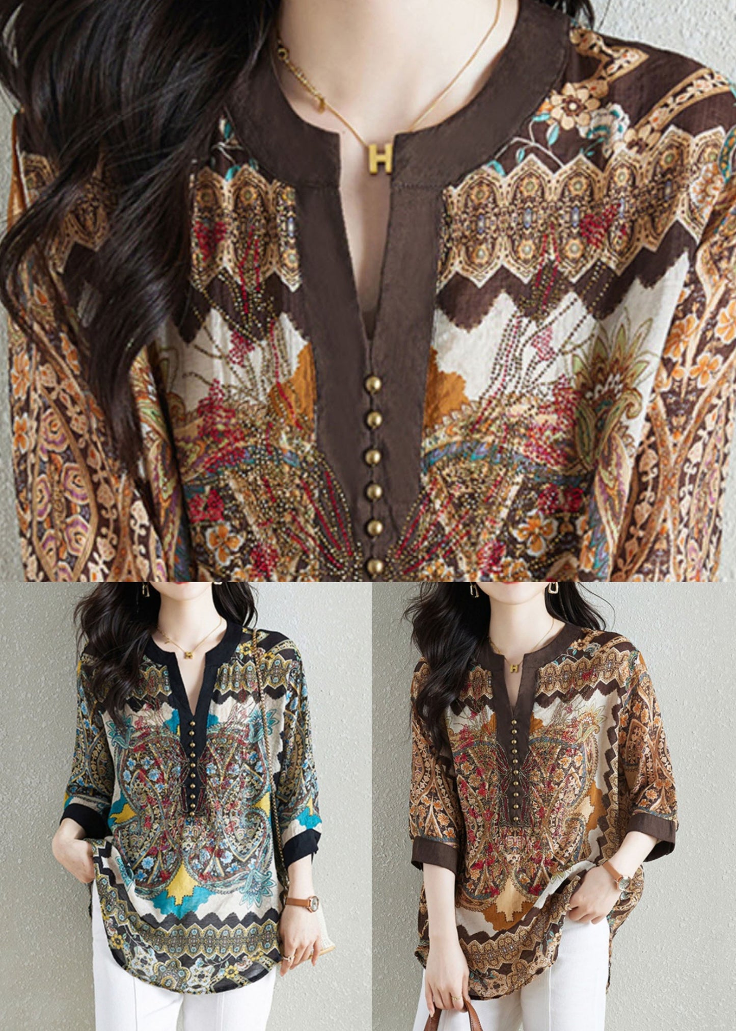 Black Print Patchwork Chiffon Shirt Tops V Neck Nail Bead Summer Ada Fashion