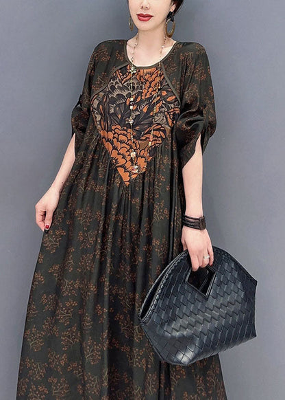 Black Print Patchwork Cotton Dresses O Neck Wrinkled Spring LC0348 - fabuloryshop