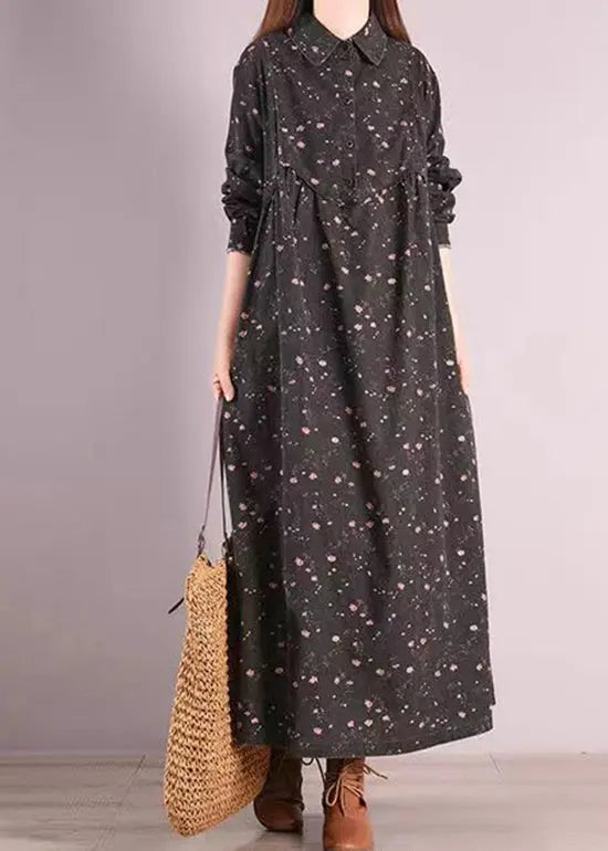 Black Print Patchwork Cotton Long Dresses Peter Pan Collar Fall Ada Fashion